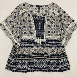 Style & Co Navy Gray Boho Print Mesh Stretch Tie Front Flutter Sleeve Top 3X